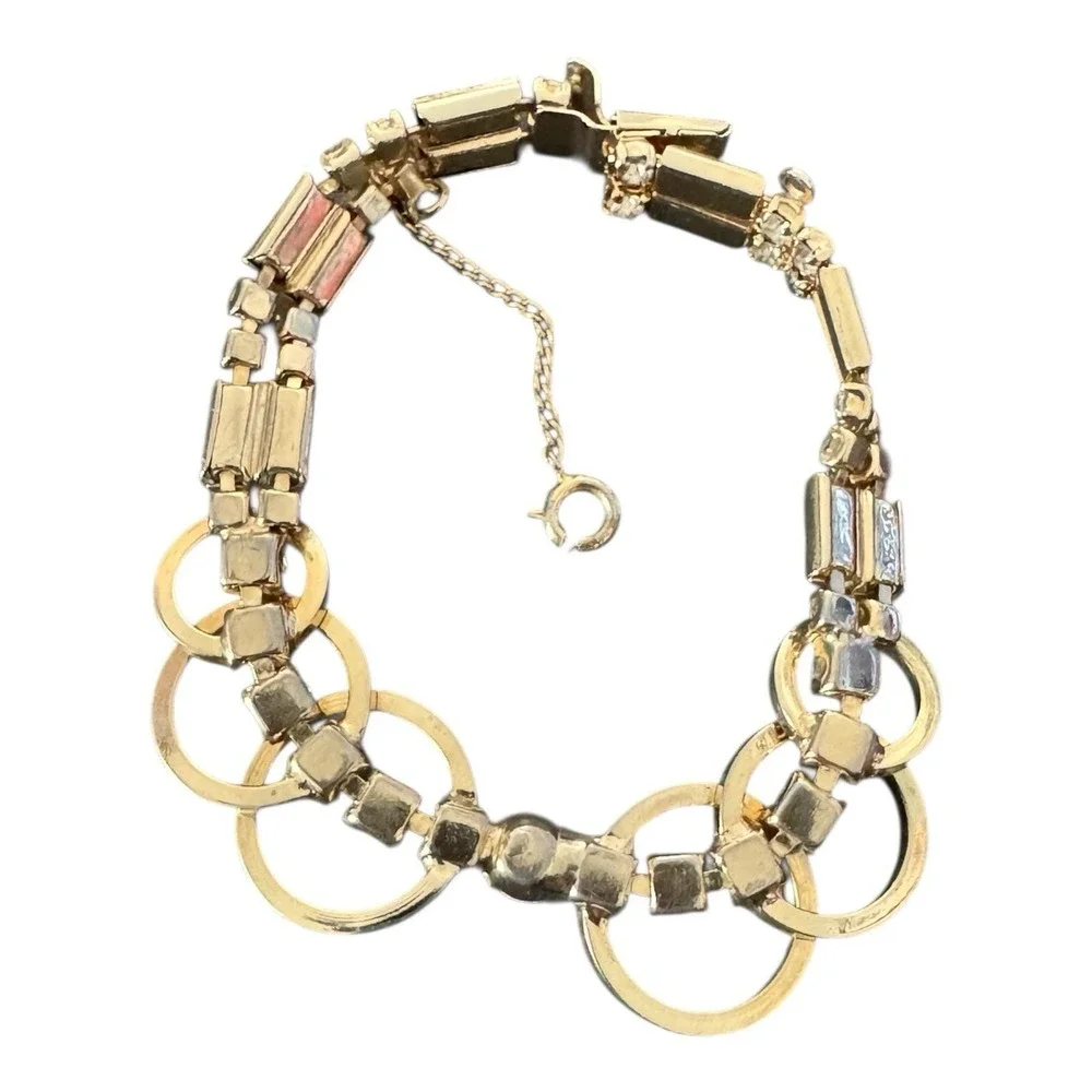 Vintage SAC Rhinestone‎ Bracelet Gold Tone Baguette Crystals Mid Century Signed